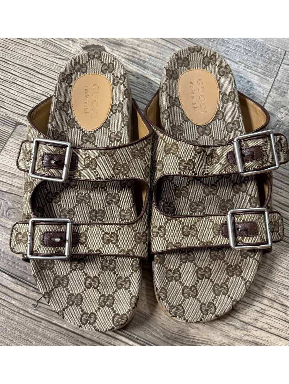 Gucci Men's Strap Slide Sandal GG Monogram Beige Ebony 10.5 US New Without Box